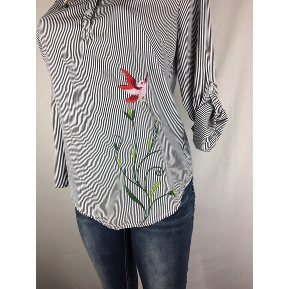 Womens Kontrol Striped Flower Embroidered Shirt Blouse Tunic Top Size Medium - Picture 2 of 9